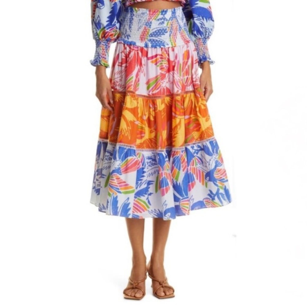 Farm Rio Smock Waist Tropical Floral MIDI Skirt Size XL